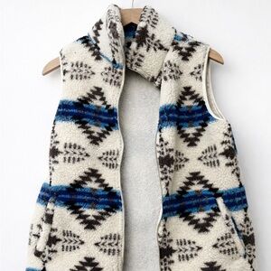 Lomón Sherpa Fleece Vest Aztec Southwestern Print Cream Blue Size M